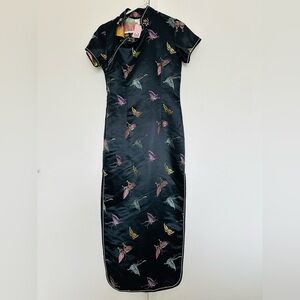 Vintage Embroidered Butterfly Black Qipao Dress Women's size 34 Ethnic Long Gown